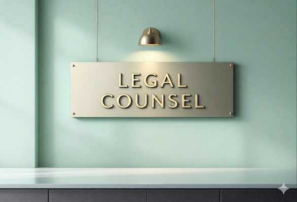 Wall sign reading 'LEGAL COUNSEL' lit by a brass light fixture above a counter.