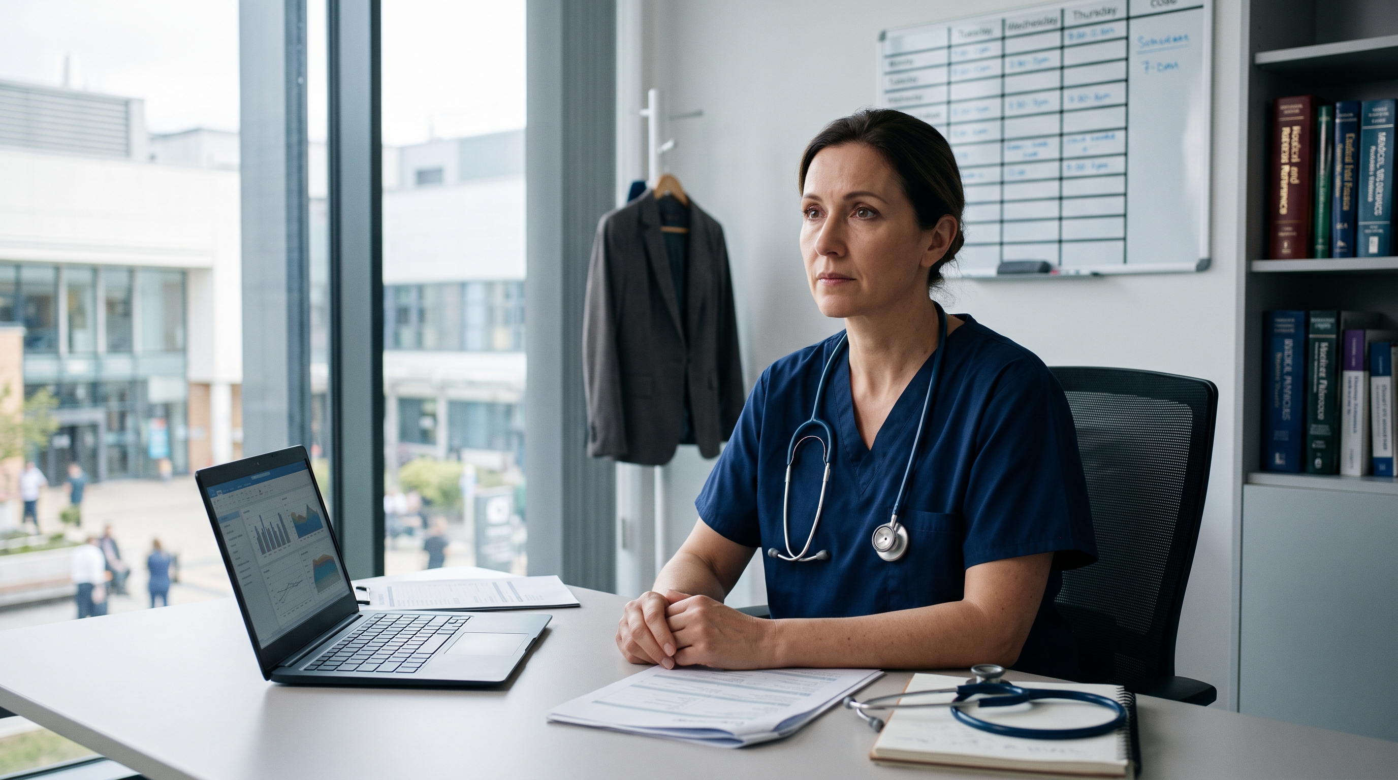 Healthcare professional in a hospital corridor