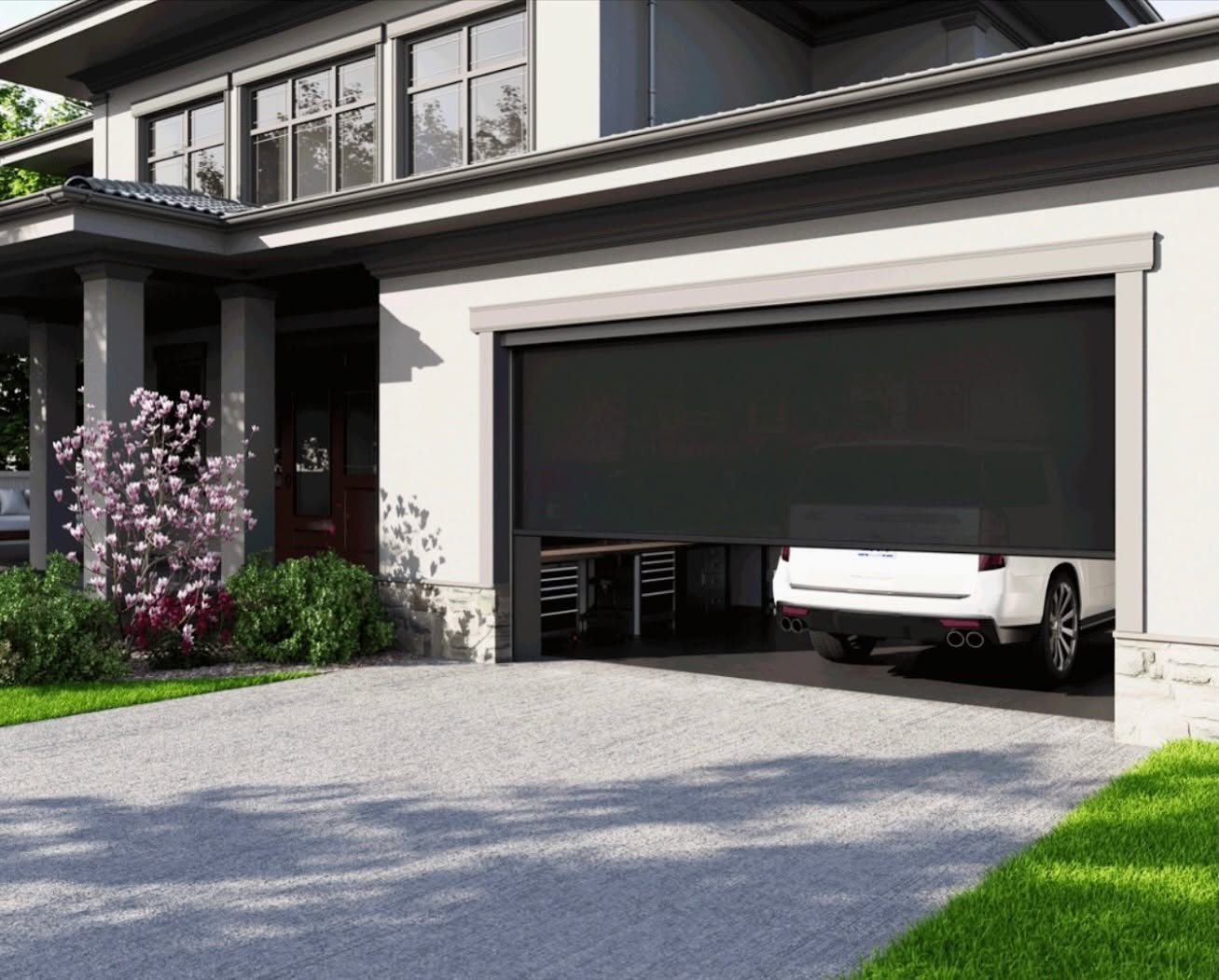 Porch with motorized exterior shades