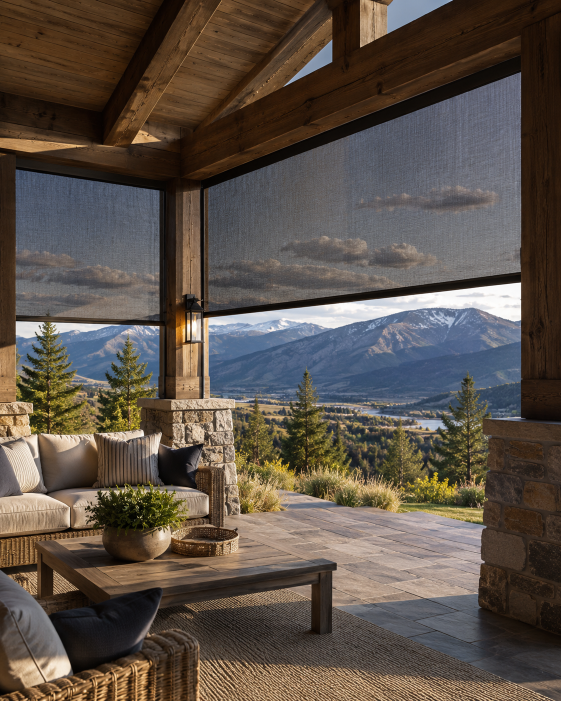 Luxury covered patio with professionally installed retractable drop screens partially lowered to show view-through solar fabric