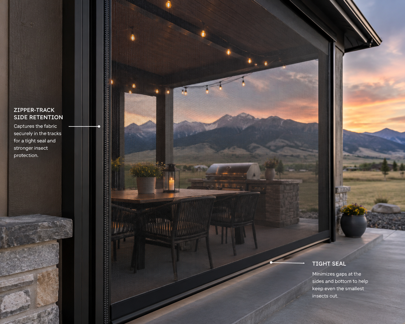 Patio at dusk with zipper-track insect screens fully lowered