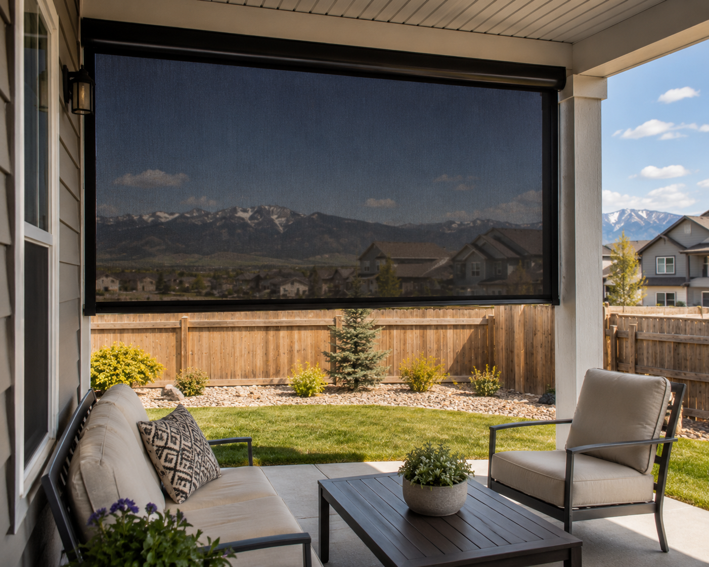 Sunny patio with a view-through solar screen partially lowered