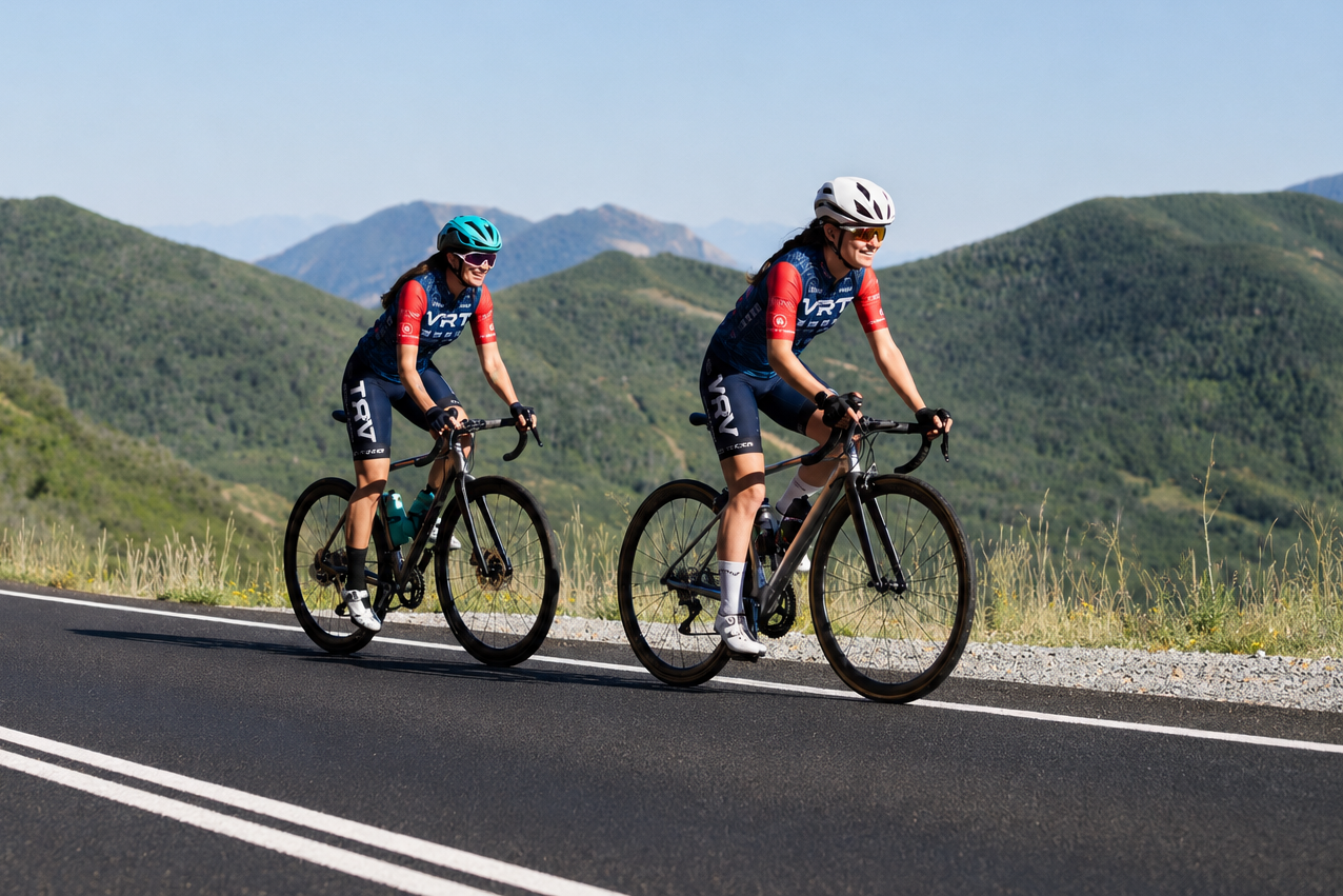 Two cyclists wearing helmets and matching blue and red jerseys riding on a mountain road with green hills.
