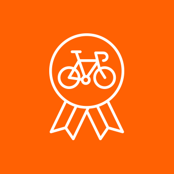 White bicycle icon inside an award ribbon on an orange background.