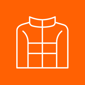 White line icon of a jacket with a stand-up collar on an orange background.