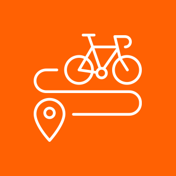 White bicycle icon with a route line ending in a location pin on an orange background.