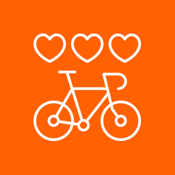 White bicycle icon with three heart shapes above on an orange background.