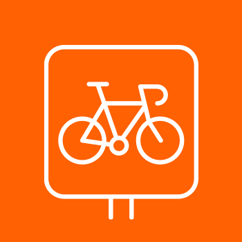 White bicycle icon inside a rounded square on bright orange background.