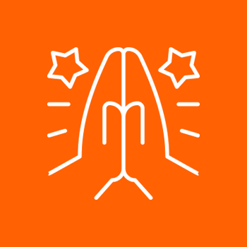 White outline of hands in prayer gesture with two stars on orange background.