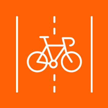 White bicycle icon centered between two white lane lines on an orange background.