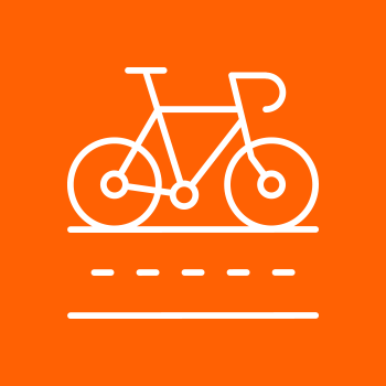 White outline of a bicycle above dashed and solid white lines on an orange background.