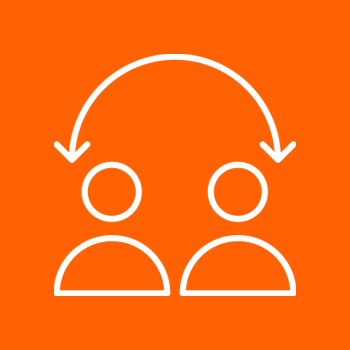White outline of two people with an arrow curving from one head to the other on an orange background.