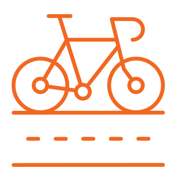 Orange line drawing of a bicycle on a dashed line road surface.