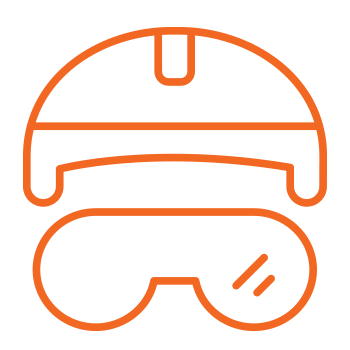 Orange line art of a safety helmet above protective goggles on transparent background.