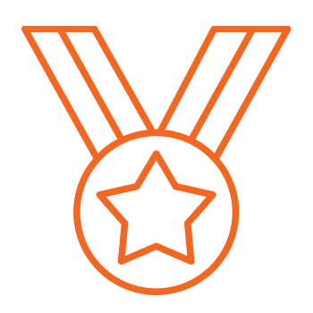 Orange outline of a medal with a star in the center and ribbon on a transparent background.