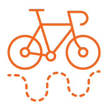 Orange line art of a bicycle above a dashed wavy path on a transparent background.
