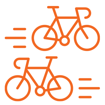 Two orange bicycle icons with speed lines indicating motion, one above the other on a transparent background.