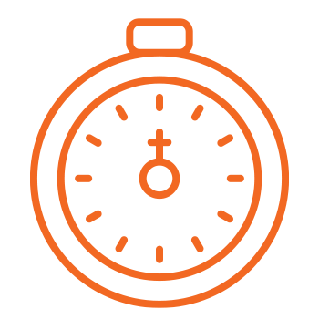 Orange stopwatch icon with ticks showing time at twelve o'clock.