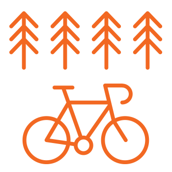 Orange bicycle icon below four orange pine tree icons on a transparent background.