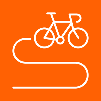 White outline of a bicycle with a winding path on an orange background.