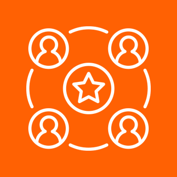 Four user icons connected in a circle around a central star on an orange background.