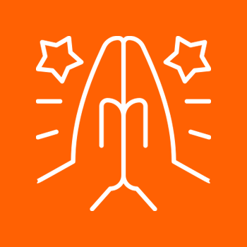 White outline of two hands pressed together with stars on orange background.