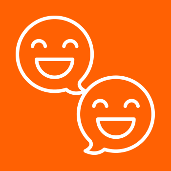 Two white outlined smiling chat bubbles on an orange background.