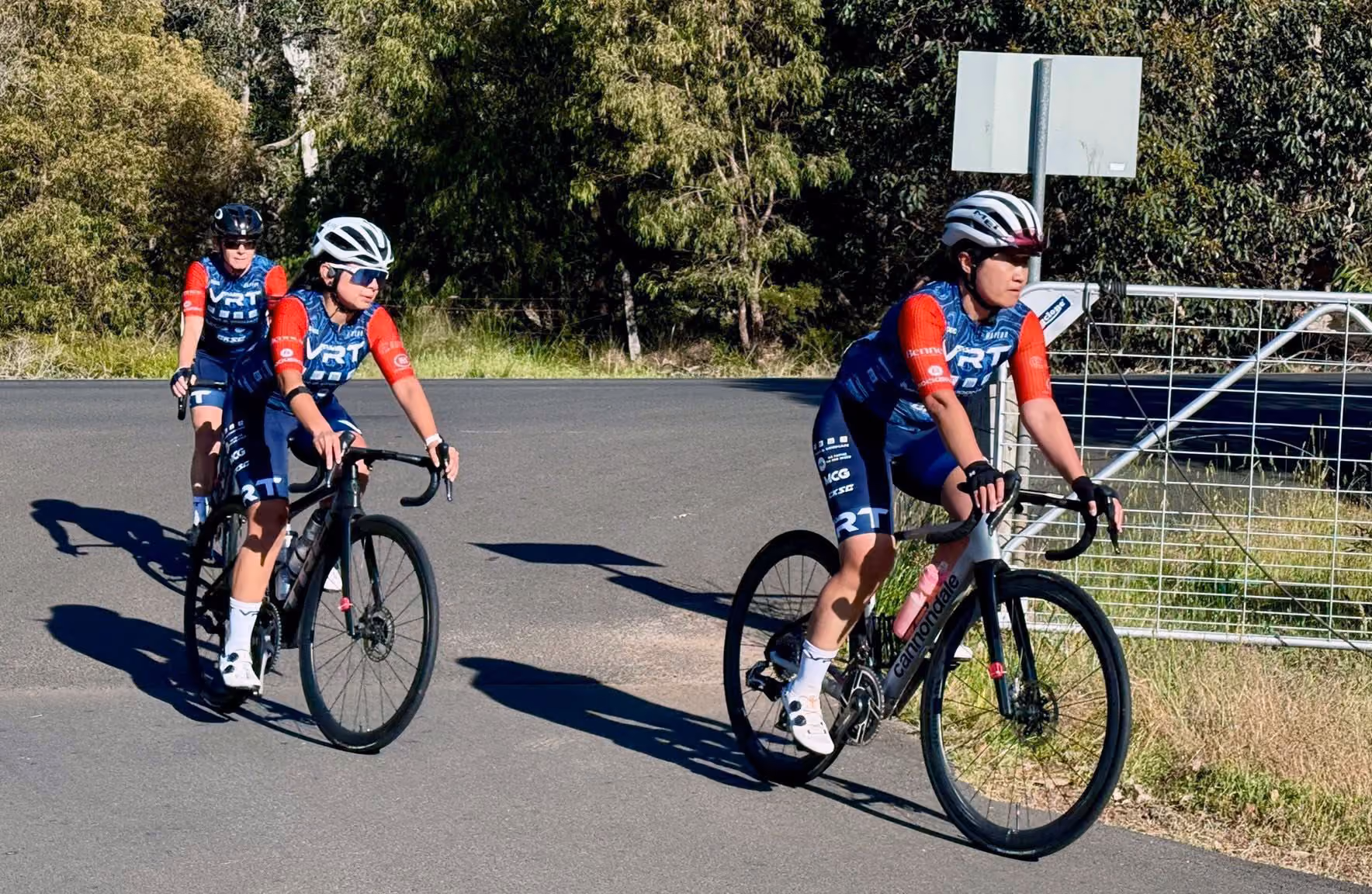 Three cyclists in matching blue and red gear riding on a road surrounded by greenery.