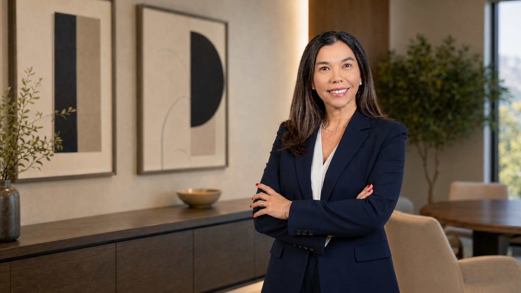 Smiling woman in navy blazer stands with arms crossed in a modern office with abstract art and plants.