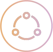 Circular icon with three dots connected by curved lines inside a multicolor gradient ring.