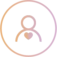 Icon of a person with a heart in the chest inside a circle outline on a white background.