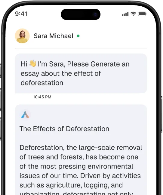 Smartphone screen showing a chat conversation where Sara Michael requests an essay about the effect of deforestation, followed by a response starting with 'The Effects of Deforestation' explaining environmental impacts.