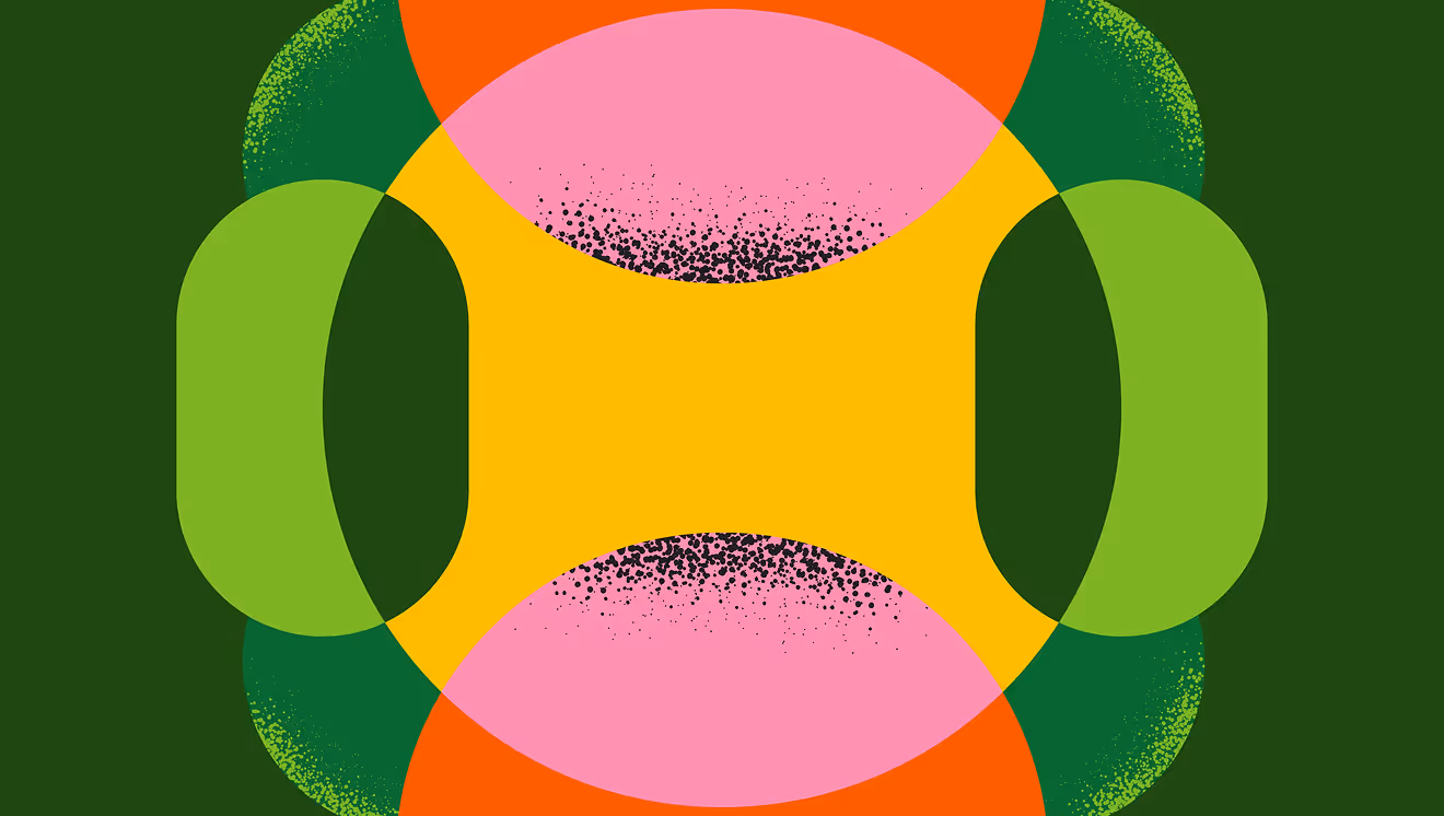 Abstract symmetrical design with overlapping green, pink, orange, and yellow shapes on dark green background.