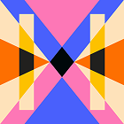 Abstract symmetrical design with overlapping orange, green, and pink shapes on a dark green background.