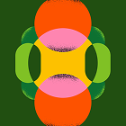 Abstract geometric shapes with overlapping orange, green, and pink circles on a dark green background.