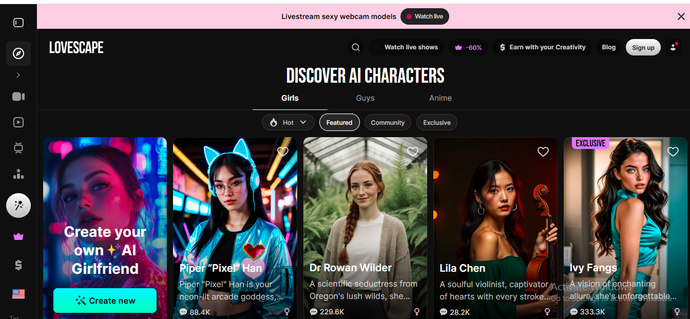Lovescape AI Companion site with one step Login