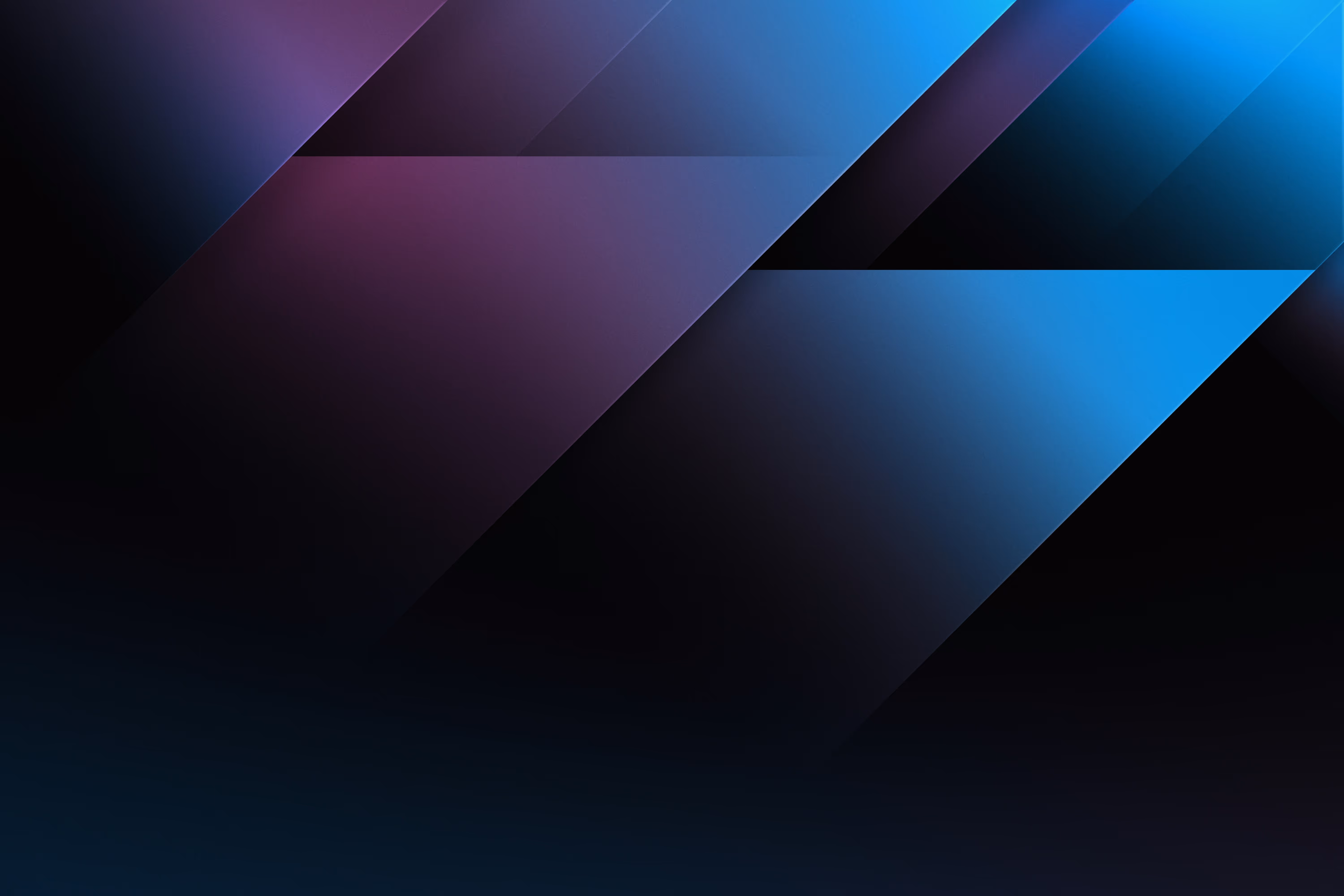 Abstract geometric shapes in blue and purple gradients on a black background.