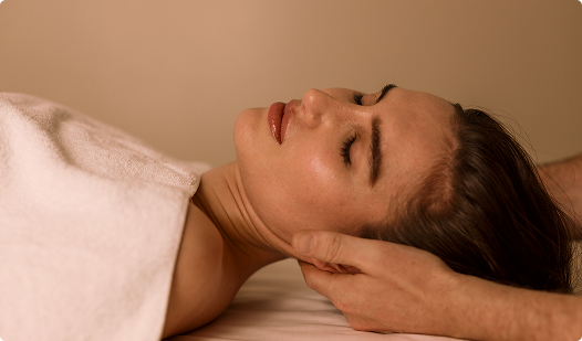 Relaxed woman with eyes closed receiving a head massage, lying on a spa bed with a white towel.