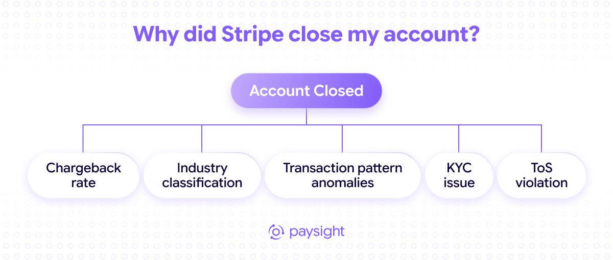 Five common reasons Stripe closes merchant accounts: chargeback rate, industry classification, transaction anomalies, KYC issues, and terms-of-service violations.