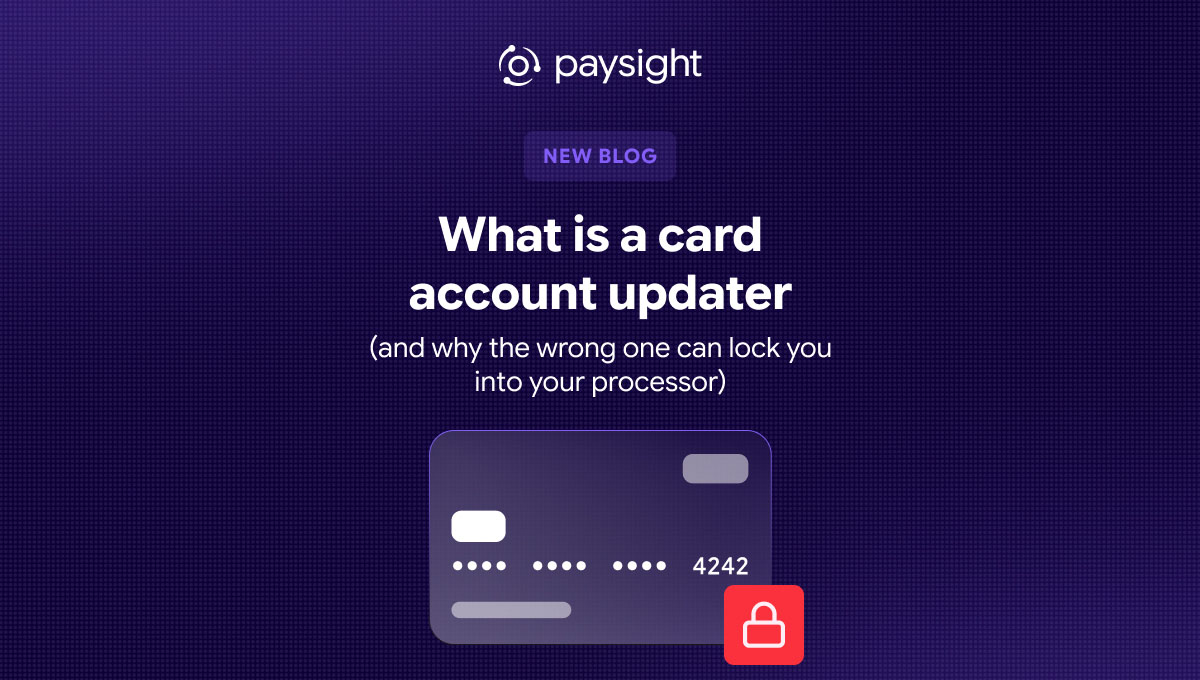 Paysight guide cover about card account updater services, featuring a payment card and a lock symbol.