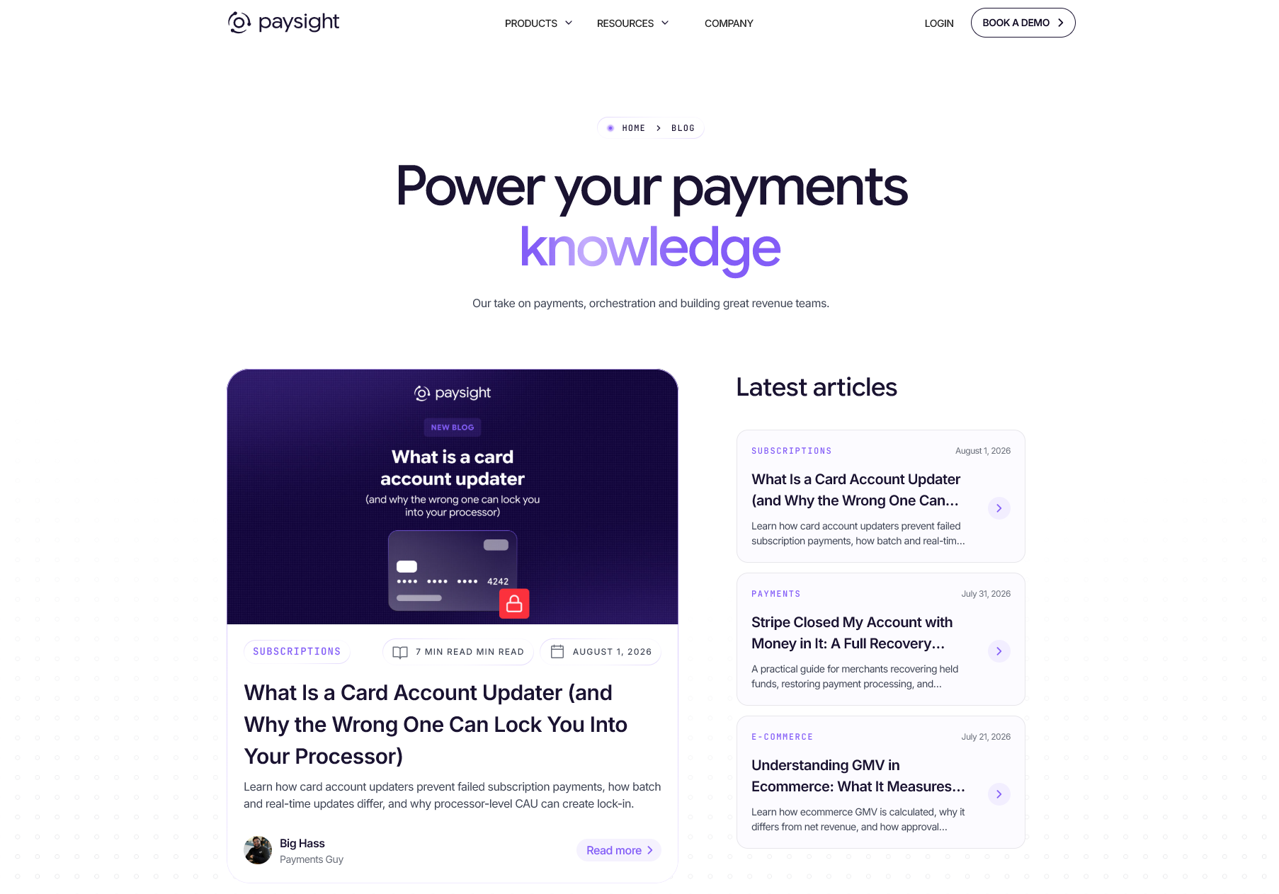 Redesigned Paysight blog homepage featuring payments, subscription, and ecommerce guides.