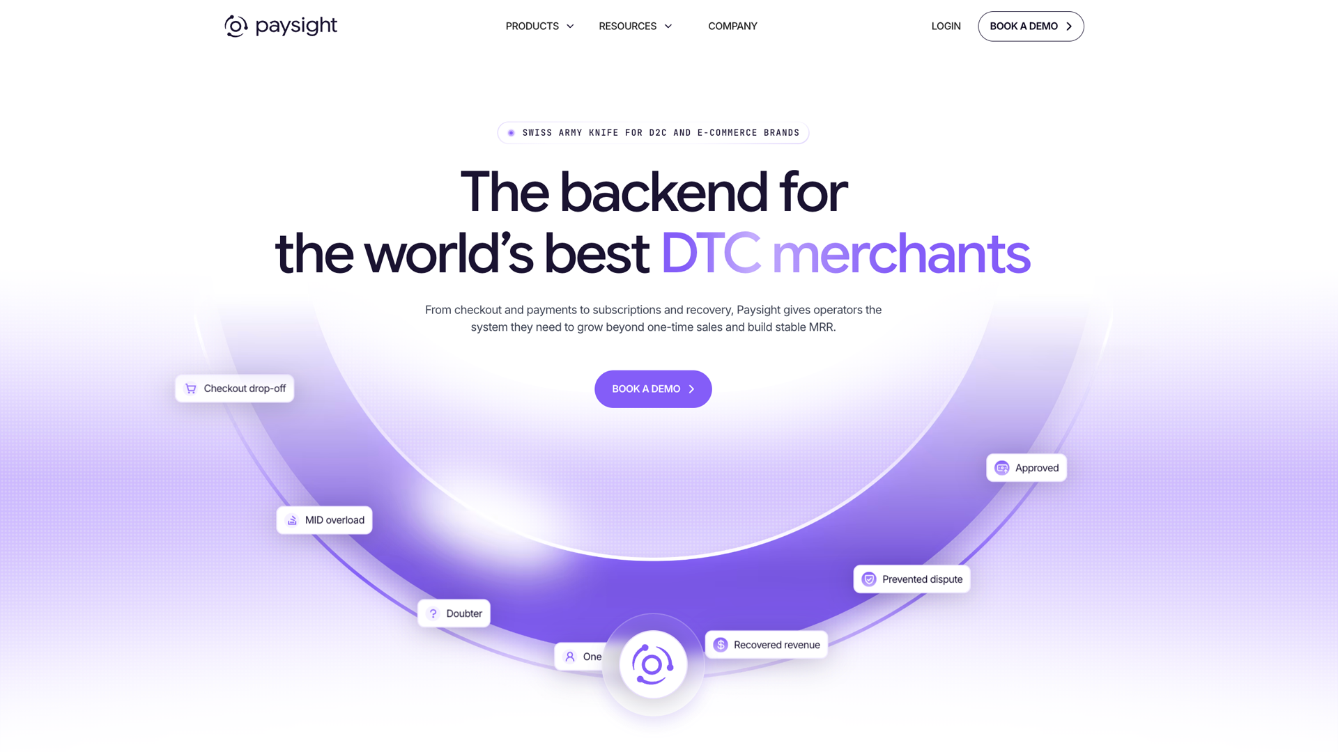 Redesigned Paysight homepage presenting the platform as the backend for DTC merchants.