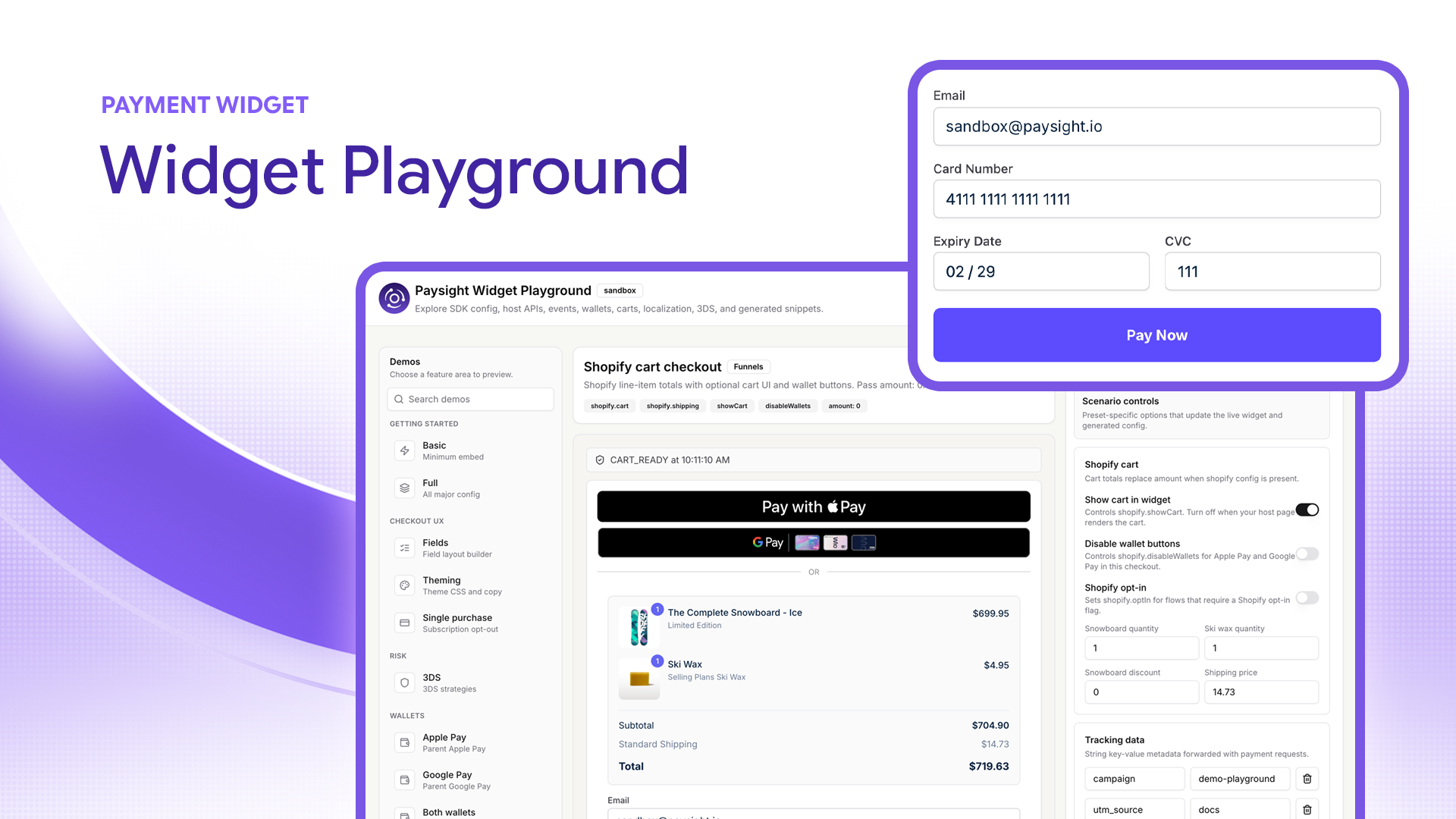 Paysight Widget Playground showing Apple Pay, Google Pay, cart details, and checkout configuration controls.