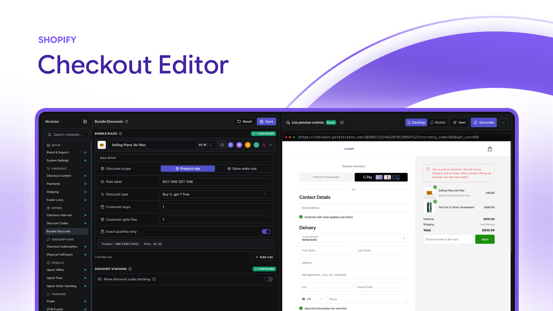 Paysight Shopify Checkout Editor showing bundle-discount settings beside a live checkout preview.