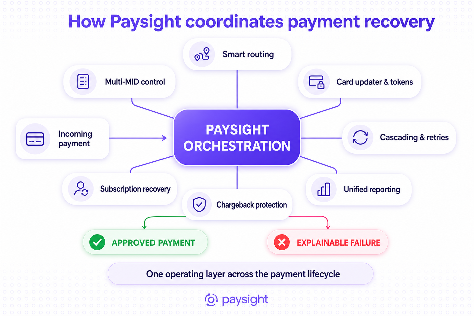 Paysight payment orchestration connecting smart routing, retries, card updating, subscription management, reporting, and chargeback protection.