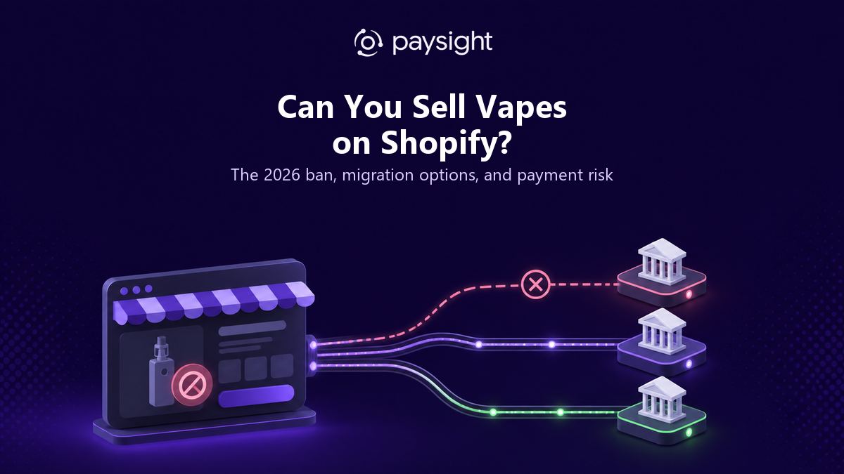 Paysight guide cover illustrating a vape storefront moving from one blocked payment route to diversified processor and acquirer connections.