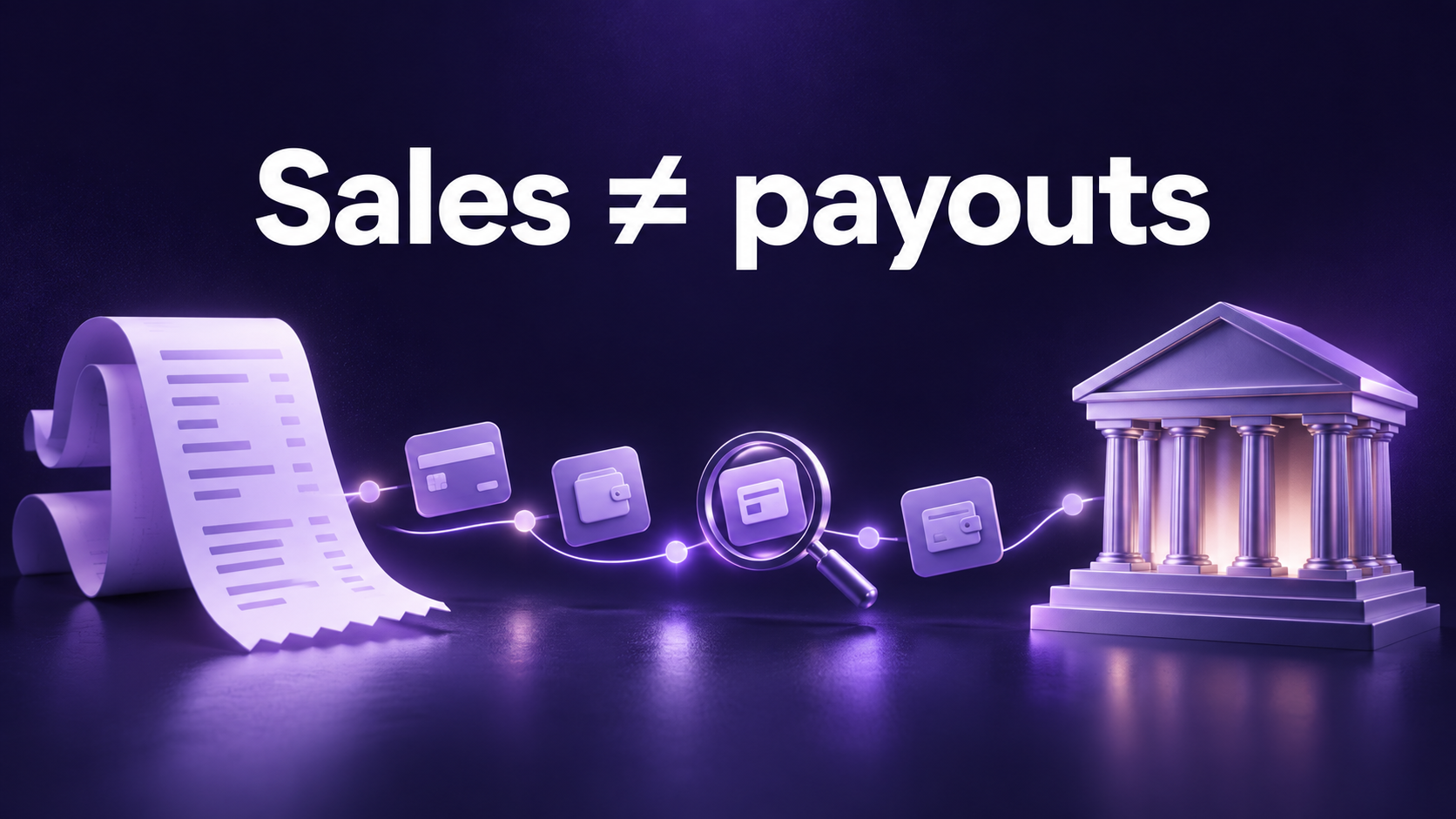 Lavender receipt, payment symbols and bank linked by a glowing path, illustrating ecommerce payout reconciliation.