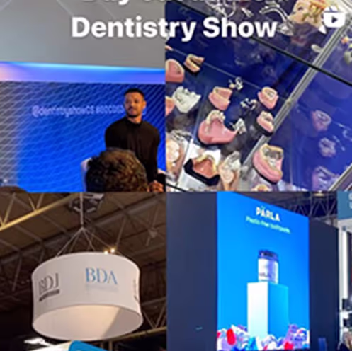 Collage showing a man speaking at a Dentistry Show, dental models on display, SDI and BDA signage, and a PÄRLA product exhibit with blue background.