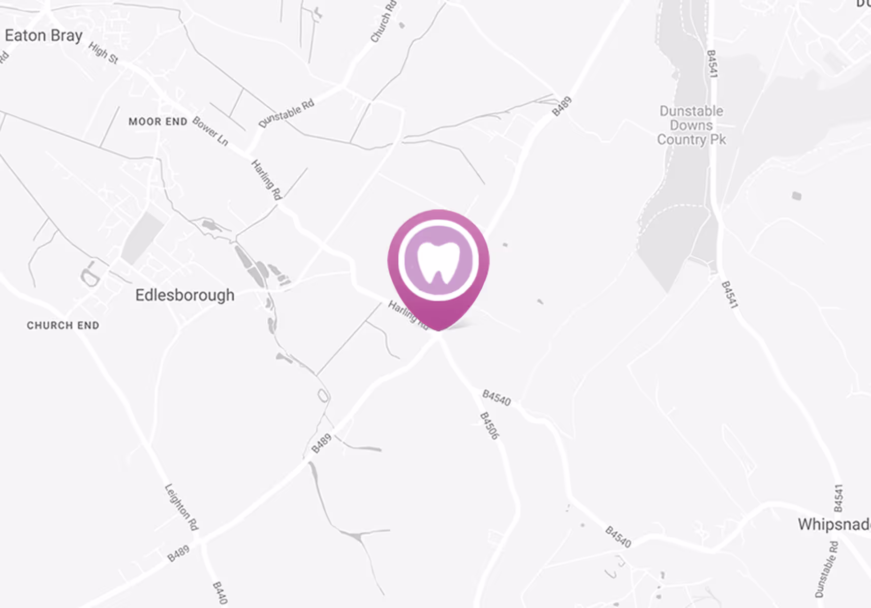 Map showing Edlesborough area with a purple dental marker near Harling Road.