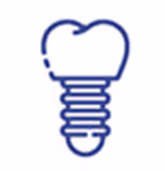 Simple blue line icon of a dental implant showing a tooth attached to a screw.